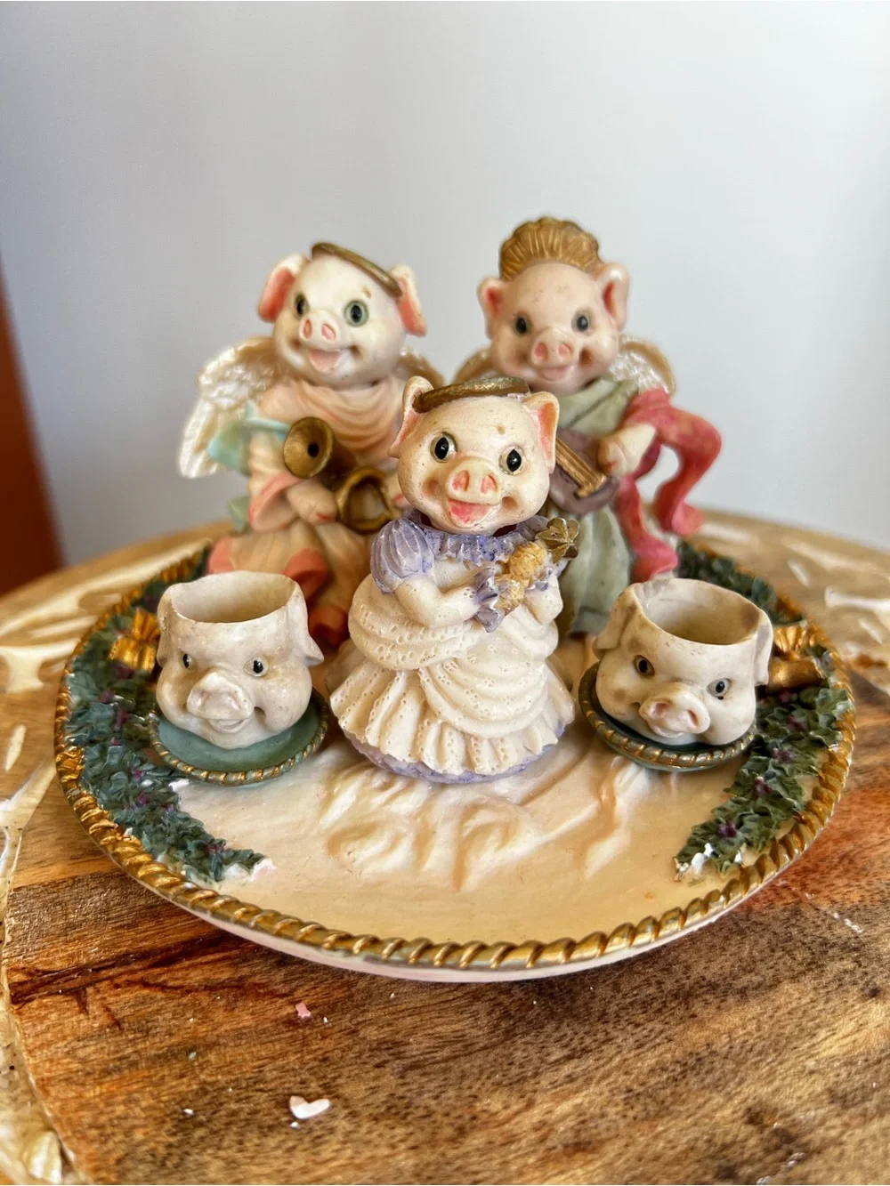 Hand-Painted Ceramic Piglet Figurine Ensemble in Pastel Colors
